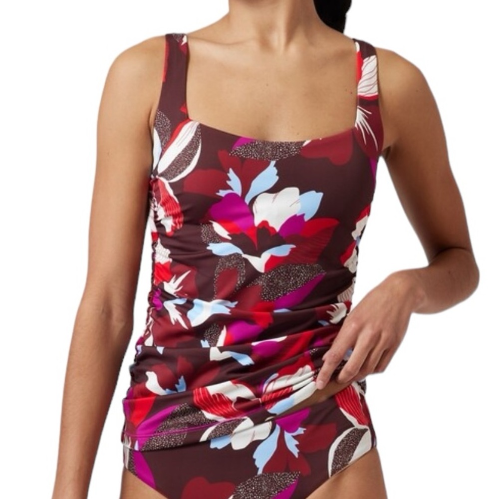 Athleta Maroon Floral Scoop Tank One-Piece Swimsuit